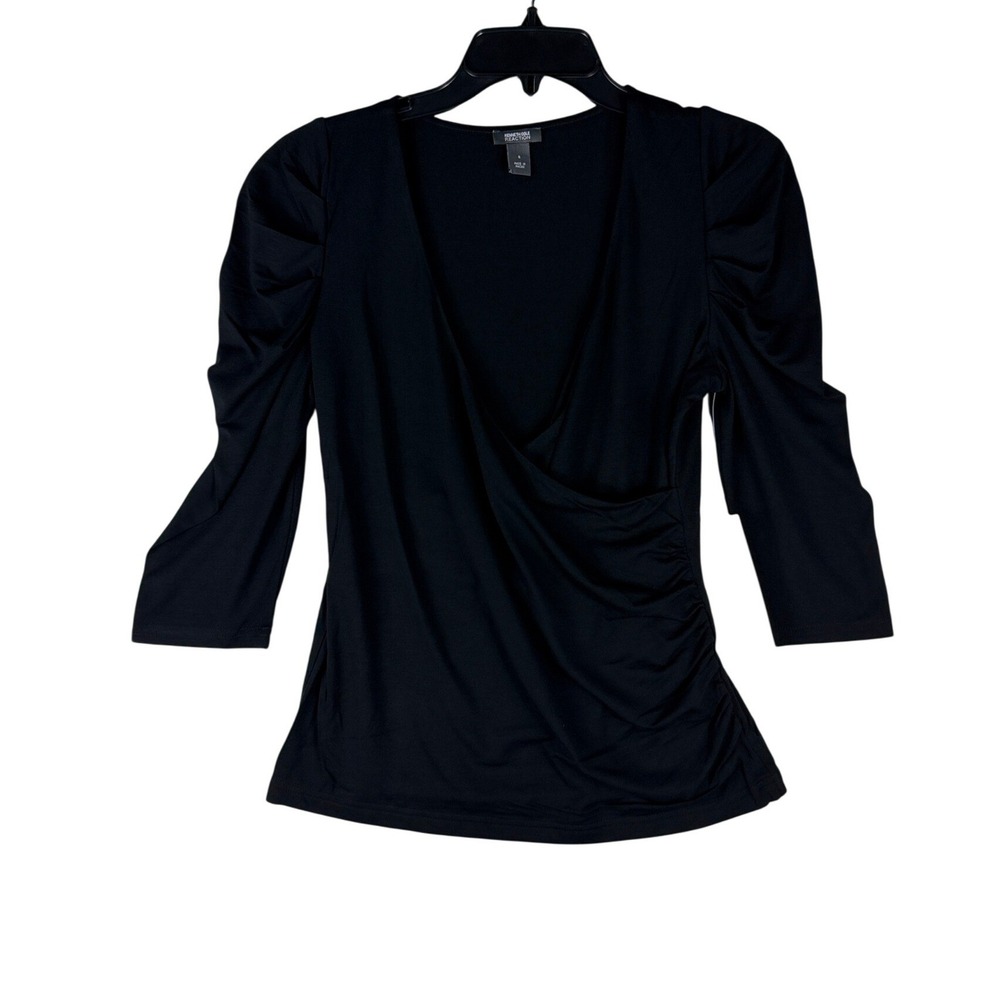 Kenneth Cole Reaction Womens Black Ruched Puff 3/4 Sleeve V-Neck Wrap Top S NEW